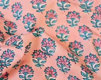 Hand Block Print Cotton Fabric, by the Half Yard, Bright Pink and Blue Small Flowers