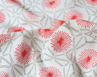 Hand Block Print Cotton Fabric, Red Starburst Lattice, by the Half Yard