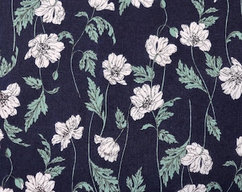 Hokkoh Poppies Fabric, Navy Blue Floral Print Cotton Lawn from Japan, by the Half Yard