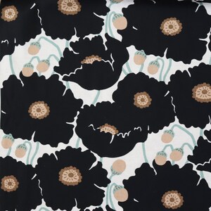 May include: A repeating pattern of large black poppy flowers with brown centers and light green stems and buds on a white background. The floral design is bold and graphic, suitable for fabric or wallpaper.