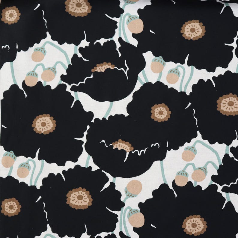 May include: A repeating pattern of large black poppy flowers with brown centers and light green stems and buds on a white background. The floral design is bold and graphic, suitable for fabric or wallpaper.