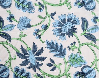 Hand Block Print Cotton Fabric, by the Half Yard, Blue and White Large Twining Floral
