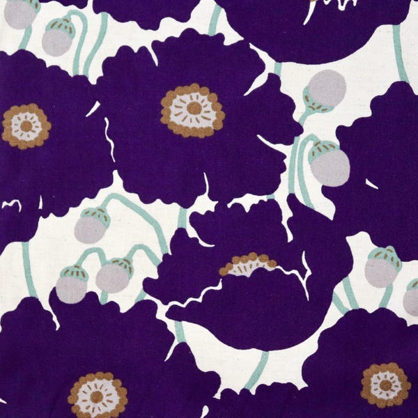 Tela de lino y algodón con amapolas gigantes de Japón, con estampado floral morado, por media yarda