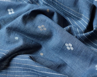 Handwoven Cotton Jamdani Fabric, Naturally Dyed Indigo Blue Flower Stripe by the Half Yard