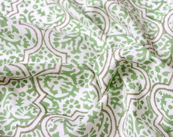 Hand Block Print Cotton Fabric, Green Ogee by the Half Yard