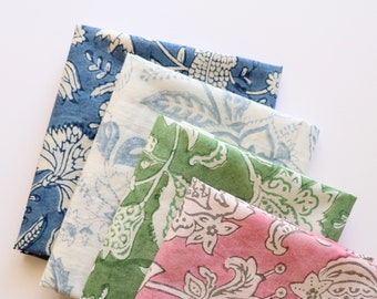 Fat Quarter Bundle of Cotton Fabrics, Hand Block Prints with Pink, Blue and White Monochromatic Floral Designs