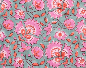 Hand Block Print Cotton Fabric, by the Half Yard, Vibrant Pink Flowers on Green