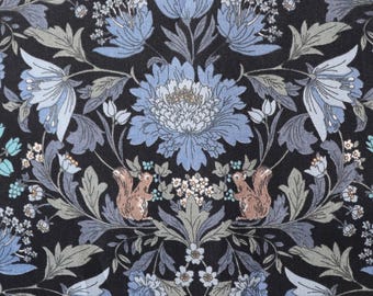 Cotton Fabric from Japan, Squirrel Print Blue and Black Lawn by the Yard