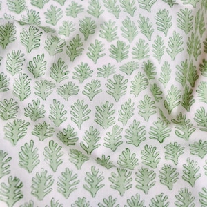 Hand Block Print Cotton Fabric, by the Half Yard, Small Green Fern Fronds