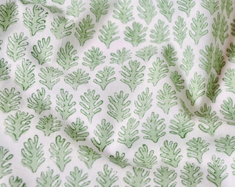 Hand Block Print Cotton Fabric, by the Half Yard, Small Green Fern Fronds