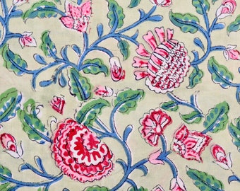 Hand Block Print Cotton Fabric, by the Half Yard, Pink Flowers on Pale Green