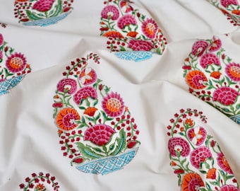 Hand Block Print Cotton Fabric, Large Paisley Floral by the Yard