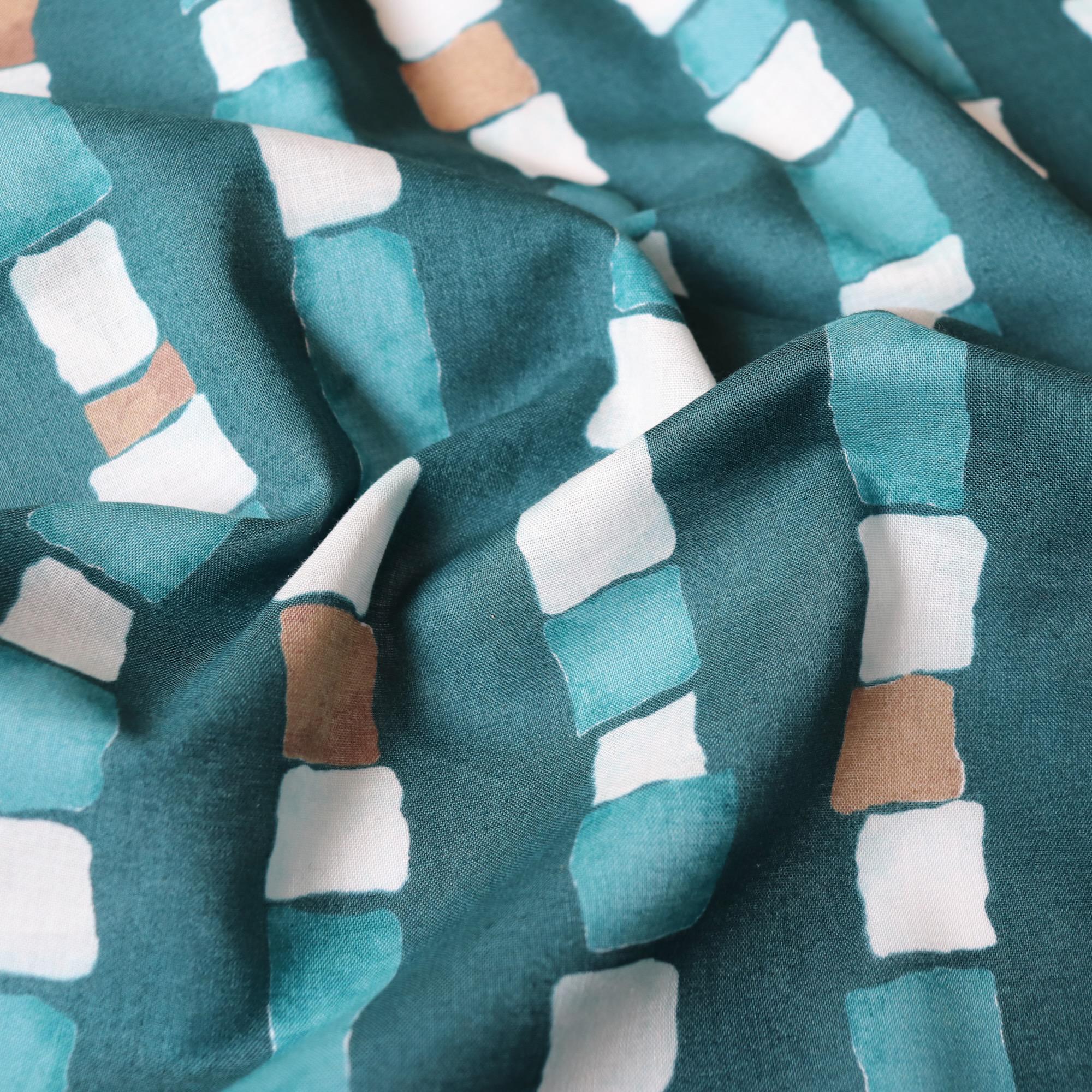 Cotton Lawn Fabric from Japan, Cosmo Watercolor Print, Green Squares by the Half Yard