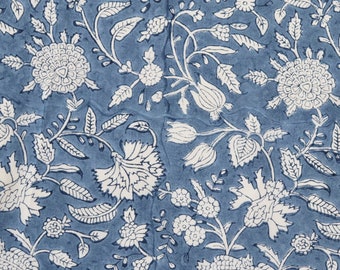 Hand Block Print Cotton Fabric, by the Half Yard, Blue with Intricate  White Floral Design