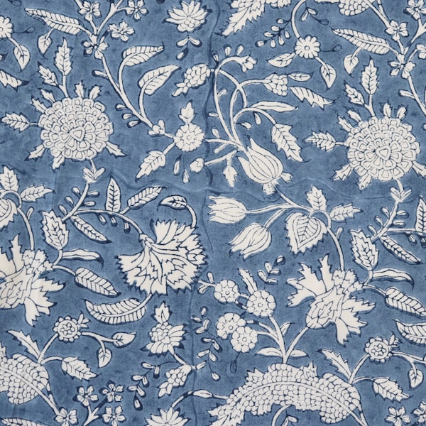 Hand Block Print Cotton Fabric, by the Half Yard, Blue with Intricate  White Floral Design