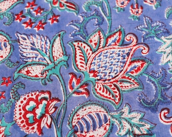 Hand Block Print Cotton Fabric, by the Half Yard, Jewel Tone Flowers on Blue