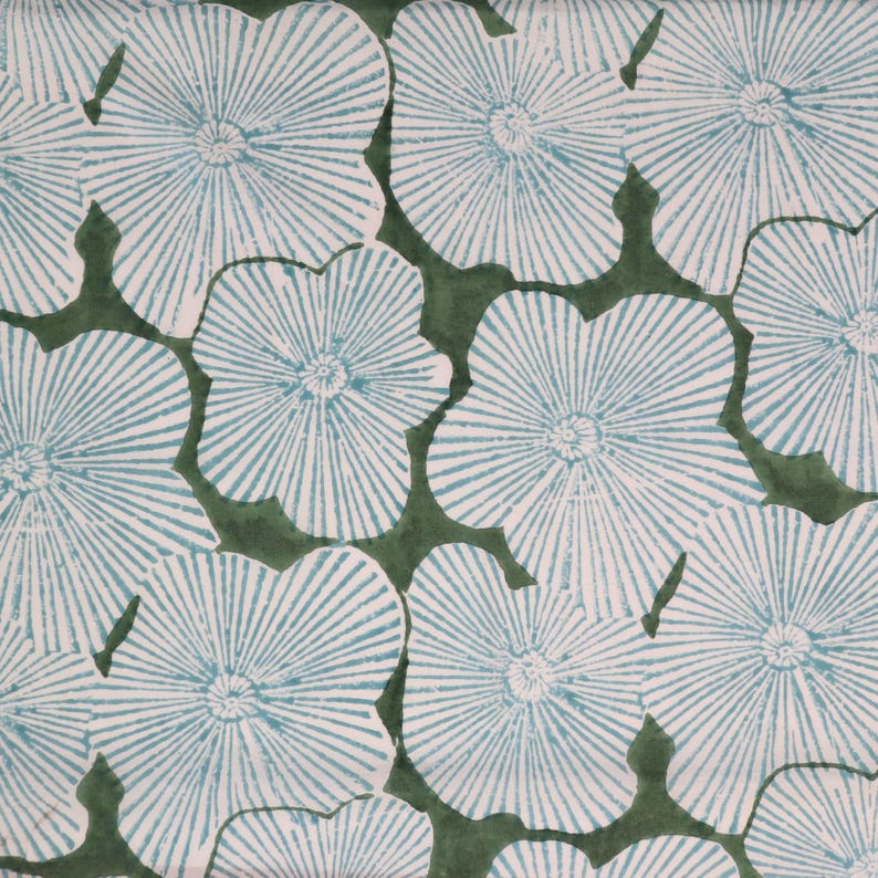 May include: A textile fabric featuring a repeating pattern of light blue, stylized, multi-petaled flowers with fine radiating lines. The floral shapes are set against a solid, dark forest green background, creating a high-contrast, graphic design.