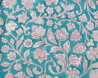 Hand Block Print Cotton Fabric, by the Half Yard, Turquoise Scrolling Floral