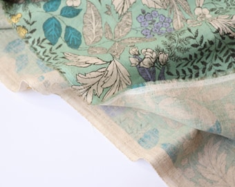 Japanese Linen Cotton Fabric, Hokkoh Botanical Print, Light Green and Yellow, by the Yard