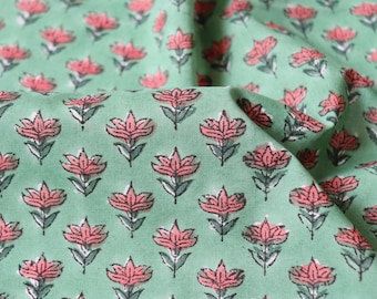 Hand Block Print Cotton Fabric, Green with Pink Flowers by the Half Yard