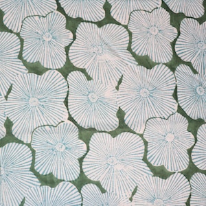 May include: A textile pattern featuring a repeating floral motif with light blue, radiating line details on a dark olive green background. The flowers have rounded, organic shapes with a central point from which the lines extend outward.