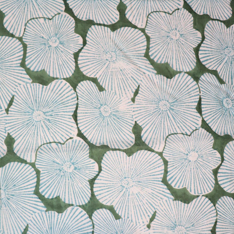 May include: A textile pattern featuring a repeating floral motif with light blue, radiating line details on a dark olive green background. The flowers have rounded, organic shapes with a central point from which the lines extend outward.