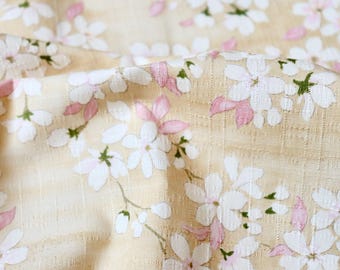 Cherry Blossom Cotton Fabric, Ecru and Pink Japanese Sakura Print, by the Yard