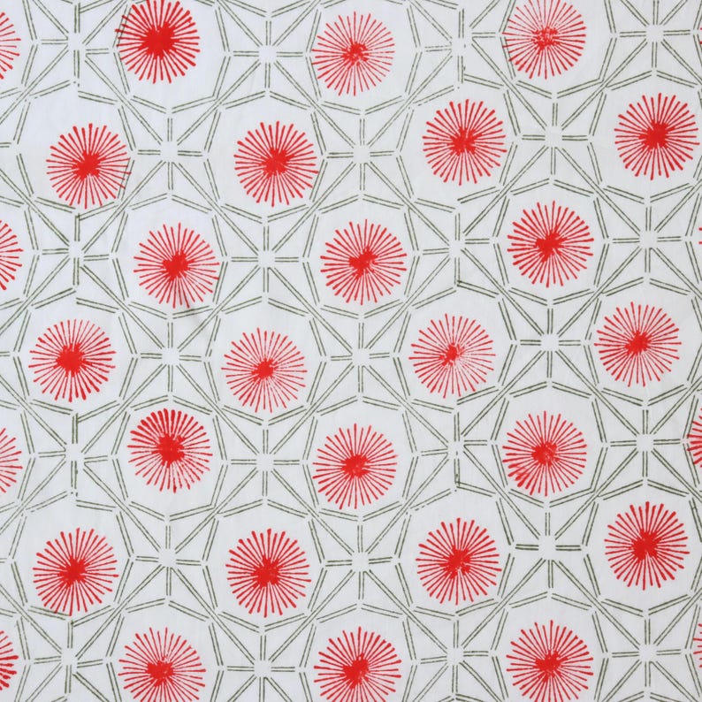 Hand Block Print Cotton Fabric, Red Starburst Lattice, by the Half Yard ...