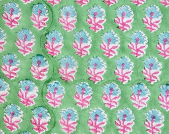 Hand Block Print Cotton Fabric, Bright Pink and Green Flowers by the Yard