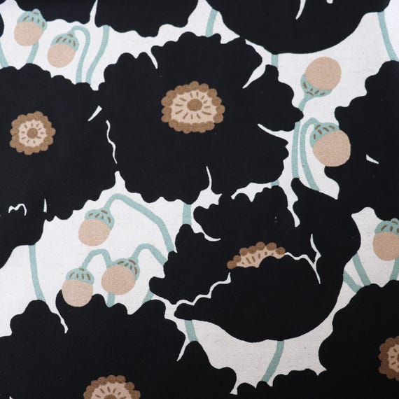 Giant Poppies Cotton Linen Canvas Fabric from Japan, Black Floral Print, by the Half Yard