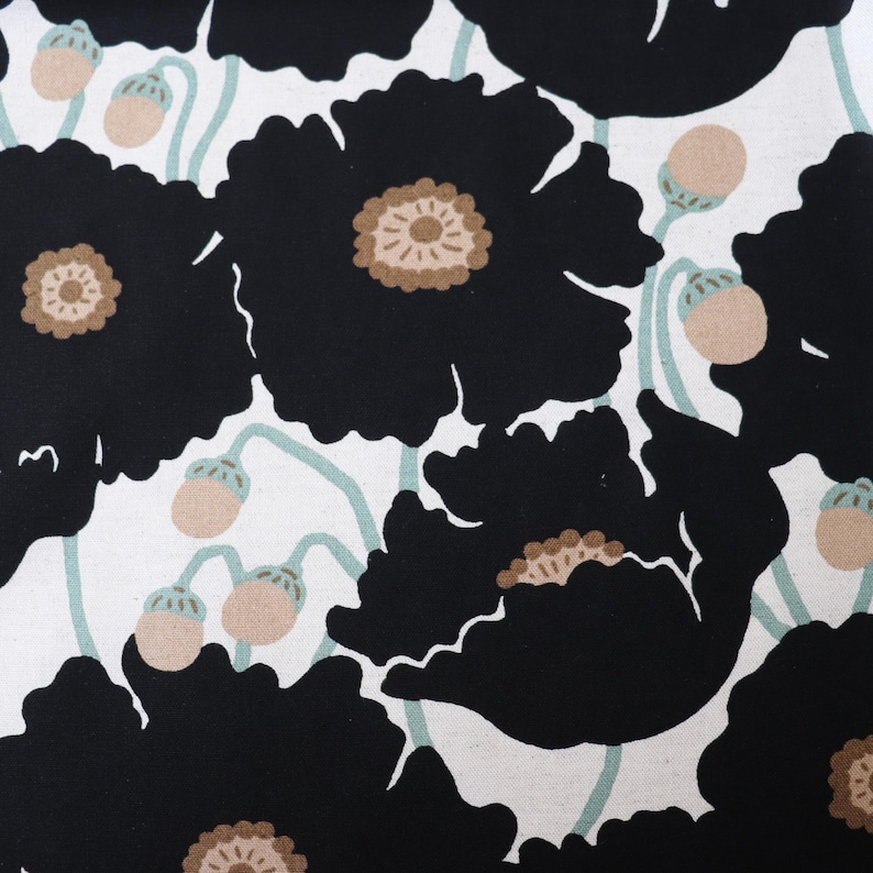 oversized floral print fabric black poppies on natural linen made in Japan