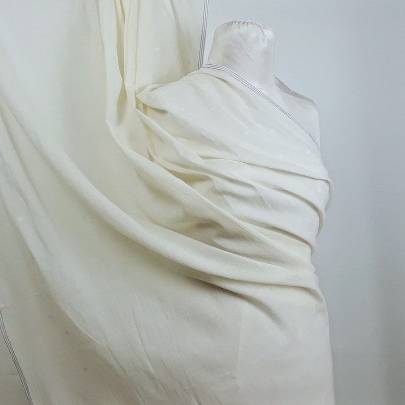 Ivory Dotted Borders Handwoven Cotton Jamdani Fabric by the Half Yard
