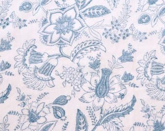 Hand Block Print Cotton Fabric, by the Half Yard, White and Mist Gray Floral