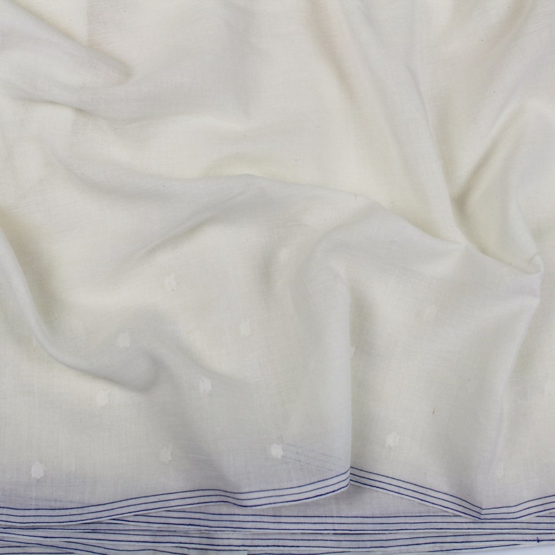 Ivory Dotted Borders Handwoven Cotton Jamdani Fabric by the Half Yard