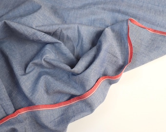 Handloom Cotton Fabric by the Half Yard, Blue Chambray Weave with Red Selvage