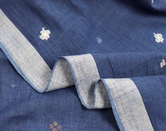 Jamdani Cotton Fabric by the Half Yard, Handwoven and Naturally Dyed Indigo Flower Design