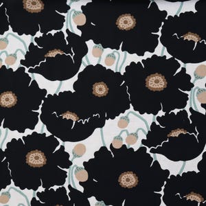 May include: A repeating pattern of large black poppy flowers with brown centers and light green stems and buds on a white background. The floral design is a bold, graphic style.