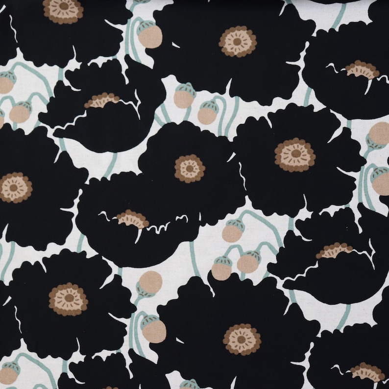 May include: A repeating pattern of large black poppy flowers with brown centers and light green stems and buds on a white background. The floral design is a bold, graphic style.