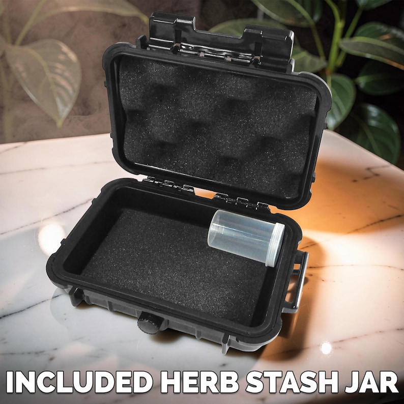 May include: Open black waterproof case with a foam interior and a clear plastic herb stash jar. The case is rectangular with a hinged lid and a latch closure. The text "INCLUDED HERB STASH JAR" is at the bottom of the image.