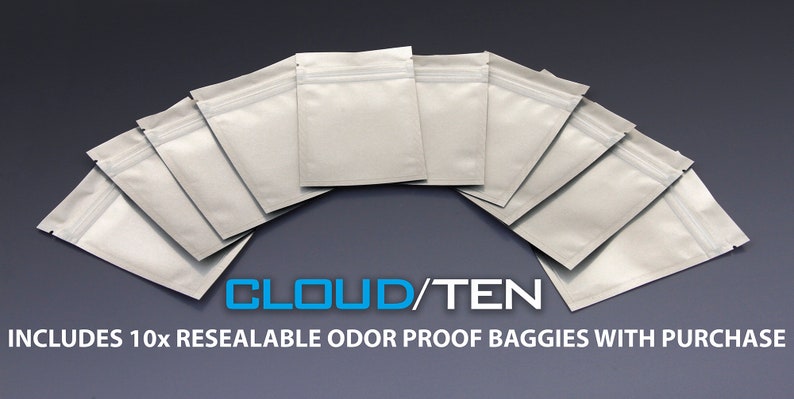 May include: Ten white resealable odor proof baggies with the text "CLOUD/TEN" printed on the bottom.  INCLUDES 10x RESEALABLE ODOR PROOF BAGGIES WITH PURCHASE