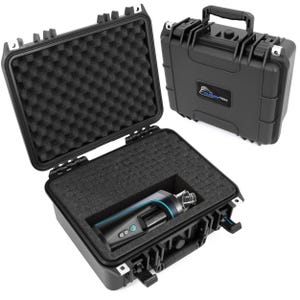 May include: A black hard-shell protective carrying case with a top handle and secure latches. The interior features egg-crate foam in the lid and a custom-cut foam insert in the base, holding a black electronic device with a clear glass mouthpiece.
