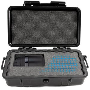May include: Open black hard case with foam padding. Inside, a black cylindrical object rests in a custom-cut foam insert. The case is open, revealing the interior and the object within. The case has a secure latch.