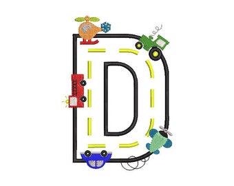 Peut inclure: Un contour noir de la lettre D avec une route jaune à l'intérieur. Un camion de pompiers rouge, une voiture bleue, un tracteur vert, un avion bleu et un hélicoptère avec une hélice roulent sur la route.