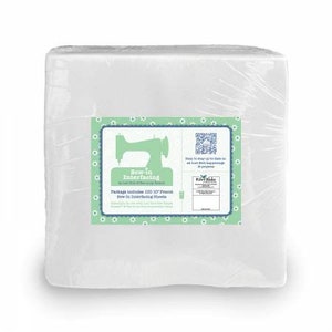 May include: A pack of 100 white sew-in interfacing sheets. The pack has a label with a sewing machine graphic and the text "Sew-in Interfacing". The label also includes a QR code and the text "Package includes 100 12"x12" Pre-cut Sew-in Interfacing Sheets."