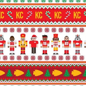 May include: A festive, patterned design with a red background and white and green accents. The design includes the letters "KC" with candy canes, snowflakes, and figures of football players and a nutcracker. The bottom border has green trees and yellow arrowheads.