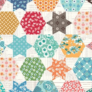 May include: A patchwork quilt design featuring a variety of colourful geometric shapes, including stars, hexagons, and squares. The fabric patterns include floral prints, polka dots, and plaid. The background is a white sheet of paper with handwritten text.
