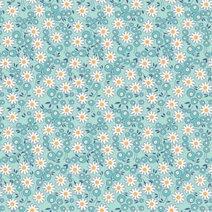 May include: A seamless pattern featuring white daisies with yellow centres on a light blue background. The daisies are surrounded by small blue circles, creating a delicate and floral design.