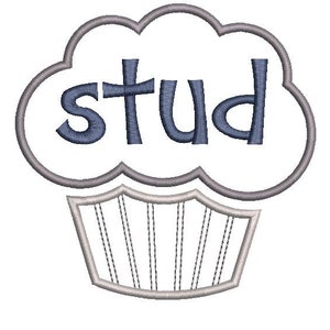 May include: An embroidered design featuring the word "stud" in a blue font, set within a cloud-shaped frame. Below the cloud is a decorative, stylized cupcake-like shape, all on a white background.