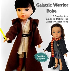 May include: A PDF sewing pattern for a brown Galactic Warrior Robe for 14.5 inch dolls. The pattern is designed for dolls like Wellie Wishers and Hearts For Hearts. The pattern is labelled as a confident beginner project.