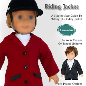 May include: A red riding jacket sewing pattern for 18-inch dolls. The pattern includes instructions for making a jacket with three pocket options and a button or hook-and-loop closure. The pattern is designed to fit dolls such as American Girl® dolls.  "Read Creations" and "Riding Jacket" are printed at the top of the image.